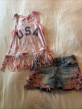 Girls Pink Tie-Dye USA Fringe Tank Top - Vigoss Jean Shorts-Casual Summer Style